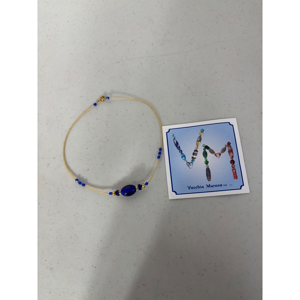 Vecchia‎ Murano Glass Necklace Blue Bead Gold Tone Chain Women